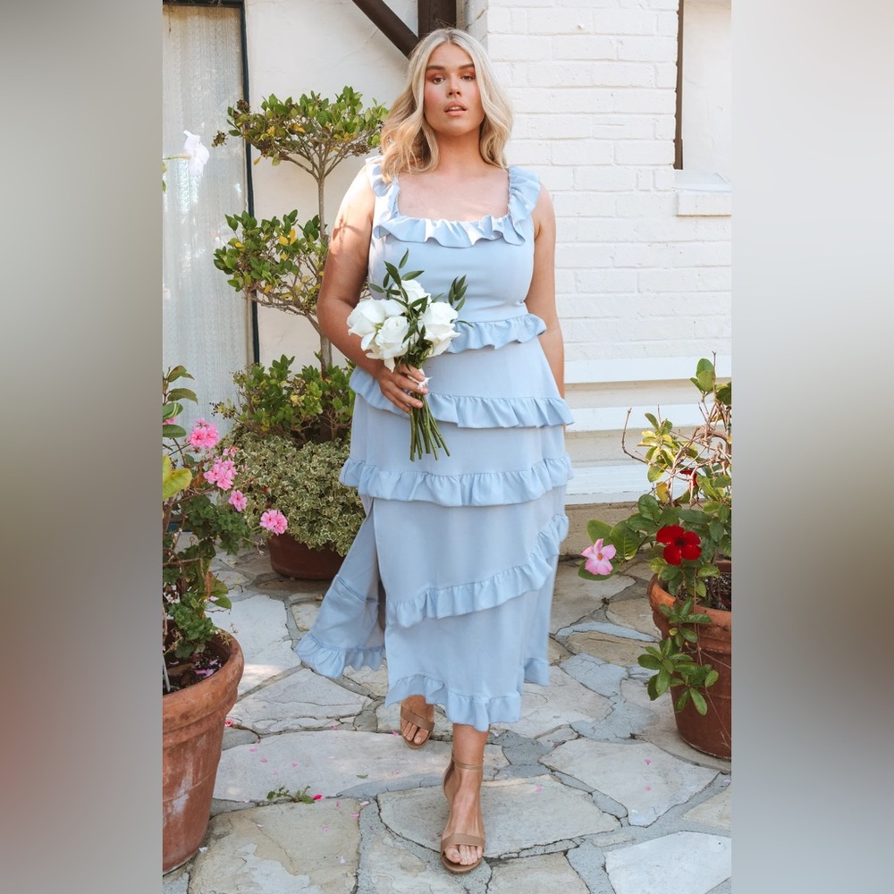 Show Me Your Mumu Steel Blue Greta Ruffle Wedding Guest Bridesmaid Midi Dress